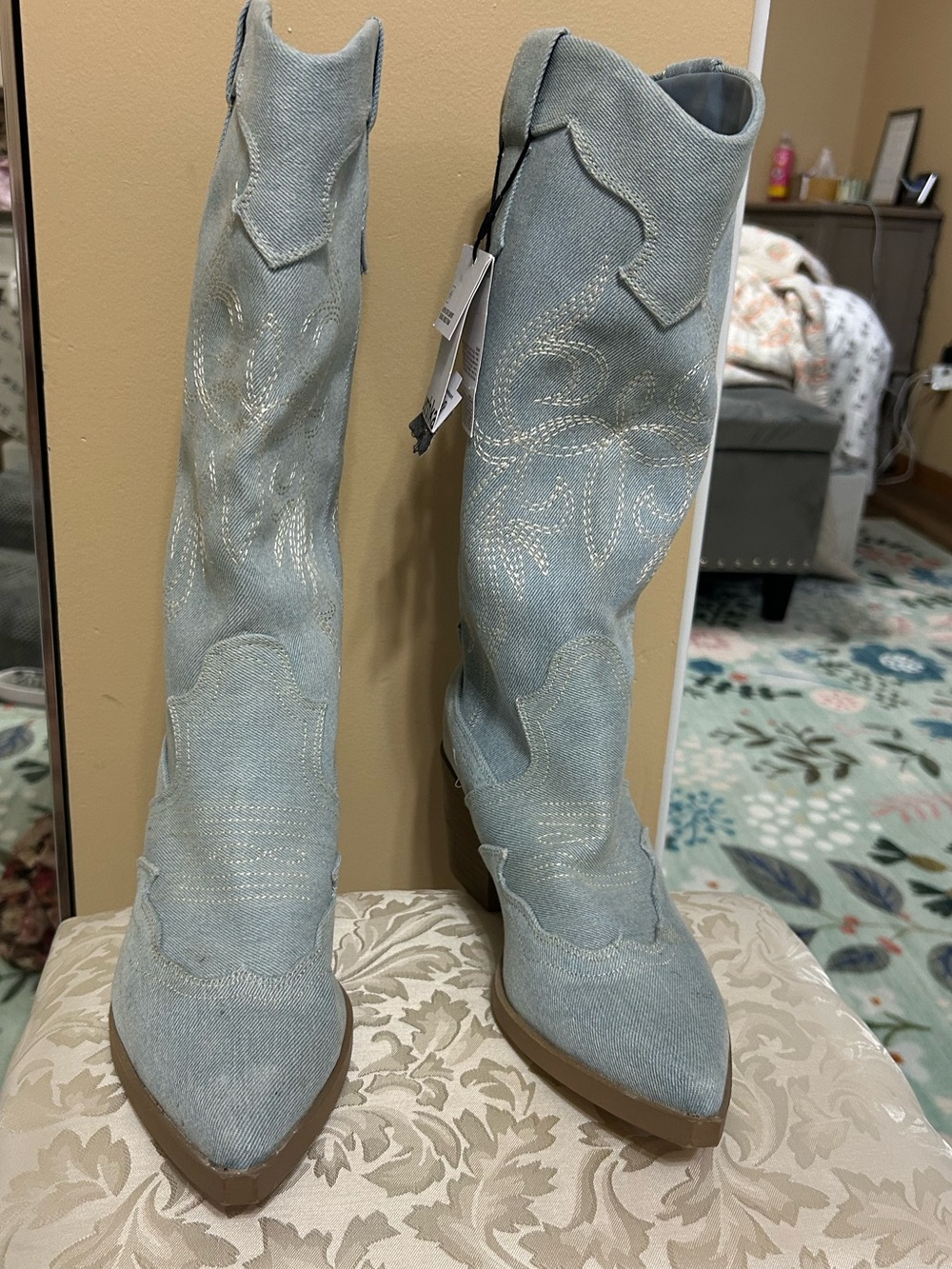 Bershka Light Blue Embroidered Over-the-Knee Western Boots